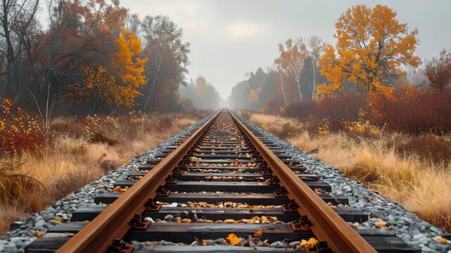Railway tracks perspective through autumnal environment
