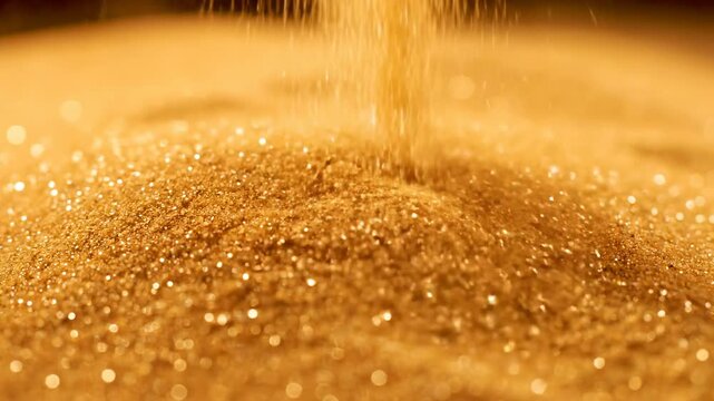 Golden Sand Falling: Capturing the beauty of time, golden sand cascades downwards, forming a mesmerizing miniature landscape of ephemeral grains. Reflecting notions of fleeting moments.