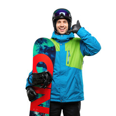 Smiling young male snowboarder in colorful winter gear holding a board and making a call me gesture on a transparent background, ready for action.