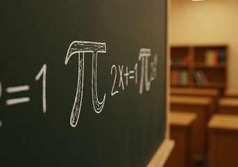 Pi Symbol and Mathematical Equations Written on a Green Chalkboard in a Classroom.