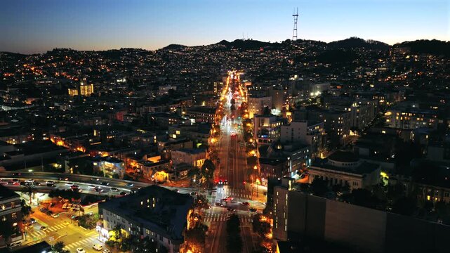 San Francisco - Market St and Octavia Intersection at Dusk with Cars and Sutro Tower 