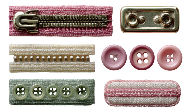 Assorted Sewing Accessories with Zipper, Buttons, and Trimmings on Transparent Background