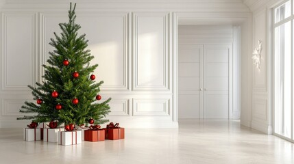 Elegant Christmas Tree with Red Ornaments and Gifts in Bright Room