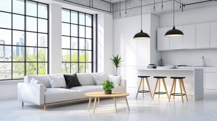 Fototapeta premium Modern Minimalist Interior with Bright Windows and Stylish Furniture