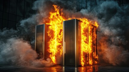 Data Center Fire Incident with Flames and Smoke Surrounding Servers