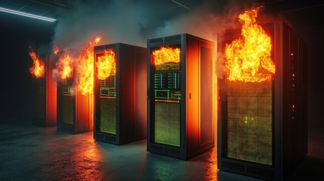 Data center emergency with flaming servers and smoke in dark room - Powered by Adobe