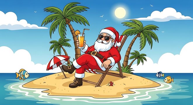 Santa Claus relaxing on a tropical island beach with a drink.