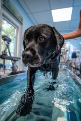 A wet black Labrador retriever walking in an underwater treadmill during hydrotherapy. Modern veterinary or rehabilitation clinic.