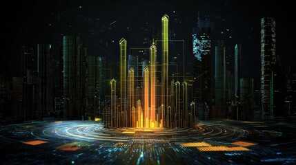 Futuristic Financial Growth Visualization with Neon Cityscape Background