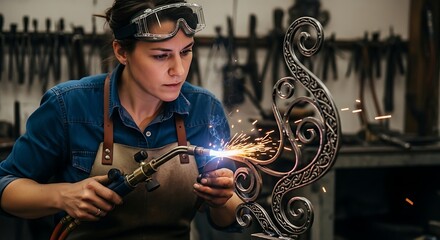 Skilled Blacksmith Woman Working on Intricate Metal Sculpture with Torch.