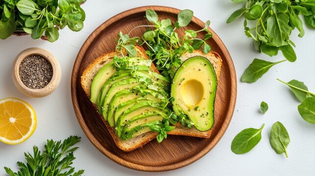 Fresh Avocado Toast with Sprouts and Herbs on Wooden Plate - Powered by Adobe