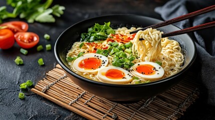 Delicious Ramen Bowl with Soft Boiled Eggs and Fresh Vegetables
