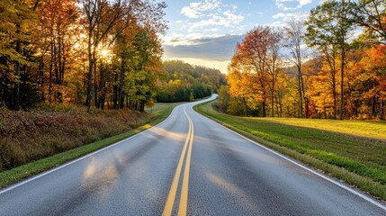 Fototapeta premium Scenic Autumn Highway Surrounded by Colorful Trees and Nature