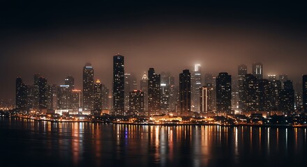 Obraz premium Stunning Nighttime Cityscape with Illuminated Skyscrapers Reflected in Water.