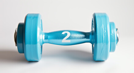 Obraz premium Single blue dumbbell with the number 2, isolated on white background