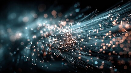 Abstract image of fiber optic cables with blurred lights, technology concept, data transfer