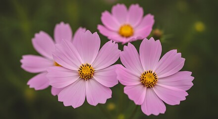 Fototapeta premium Three delicate pink cosmos flowers blooming in a garden setting.