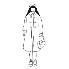 

Stylish Winter Outfit Line Art, Girl in Duffle Coat with Heart-Shaped Handbag
