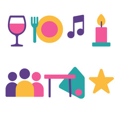 Social Gathering flat icons: wine glass, plate, music note, candle, group, table, napkin, star.