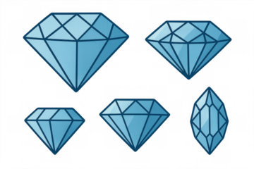 Blue diamond gemstones in assorted shapes and cuts, symbolizing ideas of worth, wealth, and commitment against a clear backdrop