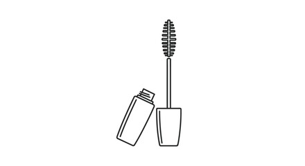 A simple black line drawing of an open mascara tube and wand silhouette