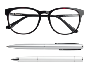 Focus on Elegance: A stylish pair of spectacles and two sleek pens, exuding sophistication and refinement in a display of everyday essentials.