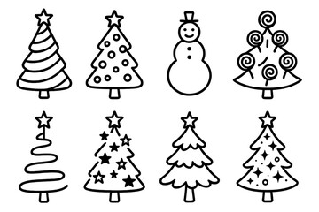 Whimsical Christmas Tree Styles outline icon set: candy cane tree, rainbow lights tree, snowman-shaped tree, lollipop ornament tree, spiral ribbon tree, floating star tree, cartoon