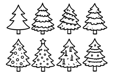 Obraz premium Classic Christmas Trees outline icon set: traditional pine tree, full green spruce, decorated fir with lights, snow-dusted evergreen, tree with red and gold ornaments, star-topped