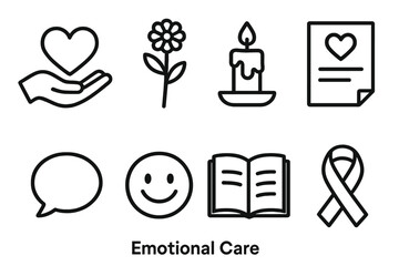 Emotional Care outline icon set: hand holding heart, flower, candle, support note, speech bubble, smile icon, journal, care ribbon.