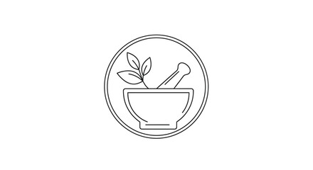 Simple line drawing of a mortar and pestle with leaves silhouette