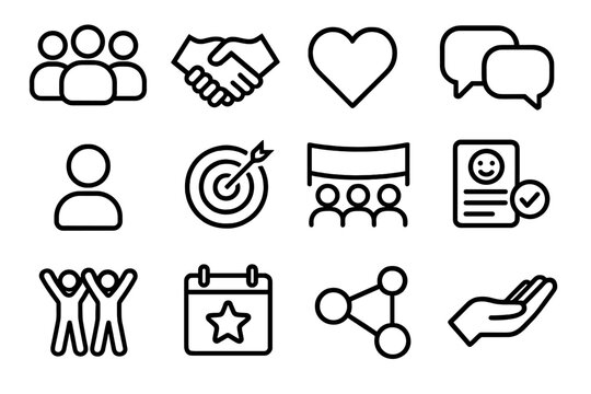Community Building outline icon set: group icon, handshake, heart symbol, chat bubbles, user circle, shared goals icon, community banner, feedback form, teamwork symbol, event