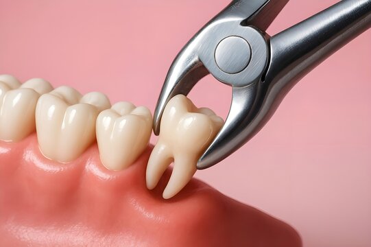 Dental Forceps Extracting Molar from Jaw Model &ndash; Close-Up of Tooth Removal Procedure for Medical Training