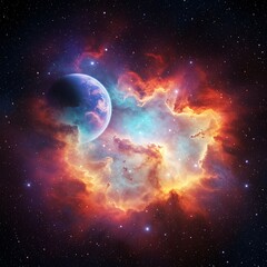 Obraz premium Vibrant Cosmic Nebula with Distant Planet and Stars.