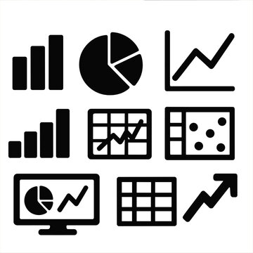 Analytic Charts silhouette set: bar graph, pie chart, line chart, scatter plot, histogram, dashboard screen, data grid, trend arrow.