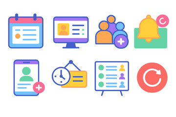 Clinic Scheduling flat icons: daily appointment tracker, reception dashboard, walk-in queue icon, follow-up reminder card, patient booking screen, clinic hours display, doctor