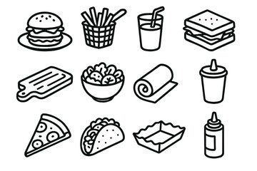 Casual Food Presentation outline icon set: burger plate, fries basket, drink glass, sandwich, wooden board, salad bowl, napkin roll, soda cup, pizza slice, taco, paper tray, sauce