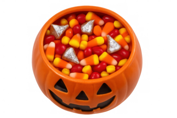 Jack-o'-lantern shaped bowl filled with colorful halloween candies, offering a sweet treat. Transparent background