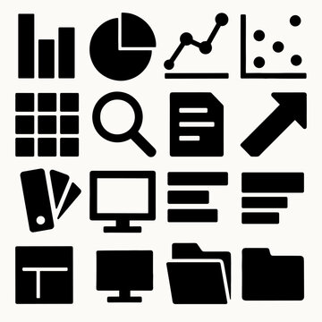 Data Visualization silhouette set: bar chart, pie chart, line graph, scatter plot, grid, magnifying glass, document, arrow, color palette, monitor, chart legend, folder.