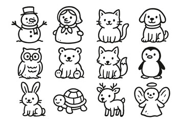 Snow Figures set of icons in doodle hand-drawn vector style: snowman, snowwoman, snow cat, snow dog, snow owl, snow bear, snow fox, snow penguin, snow rabbit, snow turtle, snow