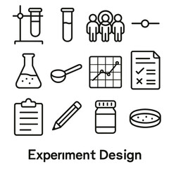 Experimental Design outline icon set: setup diagram, test tube, control group icon, variable slider, flask, measuring spoon, data graph, hypothesis sheet, clipboard, pencil, sample