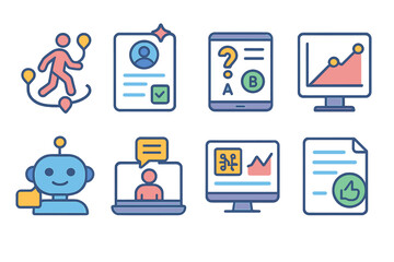 AI-Driven E-Learning Tools flat icons: personalized learning path, smart recommendation card, adaptive quiz system, progress prediction graph, virtual tutor bot, student engagement