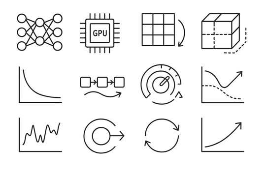 Deep Learning Optimization outline icon set: neural layers, GPU processor, gradient map, tensor icon, convergence curve, data stream, model tuning knob, learning rate icon,