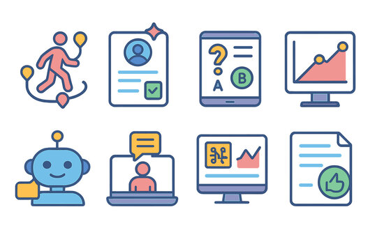 AI-Driven E-Learning Tools flat icons: personalized learning path, smart recommendation card, adaptive quiz system, progress prediction graph, virtual tutor bot, student engagement