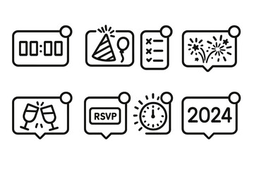 New Year Notifications outline icon set: midnight countdown alert, party invite ping, resolution tracker reminder, fireworks start alert, champagne toast message, event RSVP pop-up