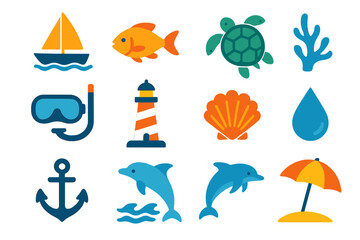 Fototapeta premium Marine Eco Tourism flat icons: sailboat, fish, turtle, coral, wave, snorkel mask, lighthouse, shell, water droplet, anchor, dolphin, beach umbrella.