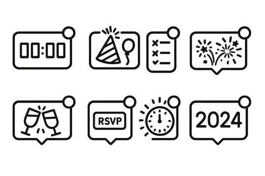 New Year Notifications outline icon set: midnight countdown alert, party invite ping, resolution tracker reminder, fireworks start alert, champagne toast message, event RSVP pop-up