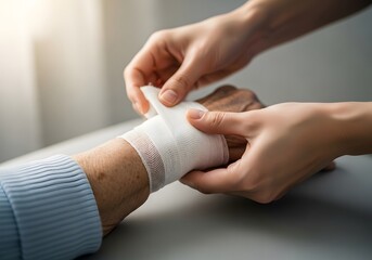 Nurse applying bandage to elderly patients wrist, closeup on hands and wound care