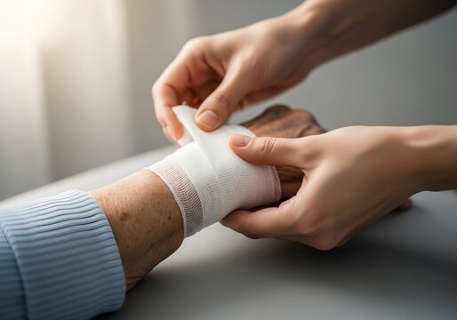 Nurse applying bandage to elderly patients wrist, closeup on hands and wound care - Powered by Adobe
