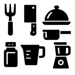 Chef silhouette set: grill fork, chopping cleaver, food tray, saucepan, spice jar, measuring cup, blender, plate with lid.