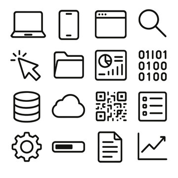 Digital Index outline icon set: laptop, smartphone, app window, search icon, cursor, folder, dashboard, binary code, database, cloud, QR code, list view, gear, progress bar,